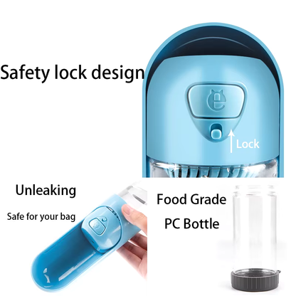Botella portátil dispensadora de agua para perros. Ideal para viajes o aire libre.